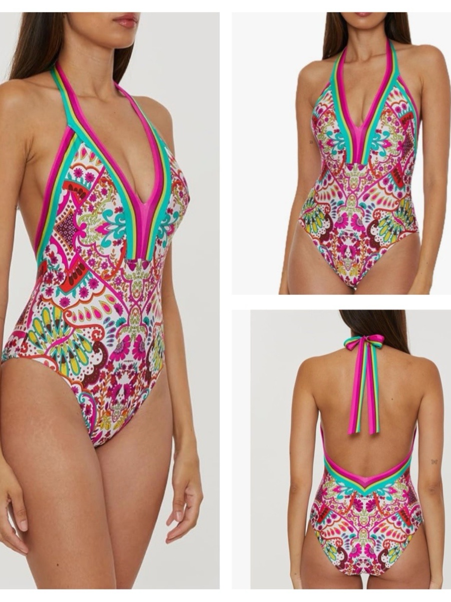 Trina Turk Womens Hawaiian Garden One Piece Swimsuit, Plunge Neck, Floral Print